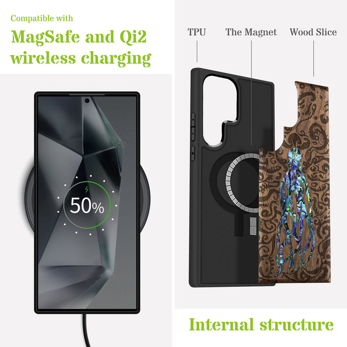 Cephalopod's Nocturne, Hand-Inlaid Wood & Mother of Pearl Case - Artisanal Cover for Samsung Galaxy