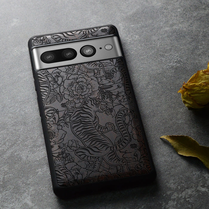 A Tiger Amidst Flowers and Vines, Classic Engraved Wood & TPU Case - Artisanal Cover for Google Pixel