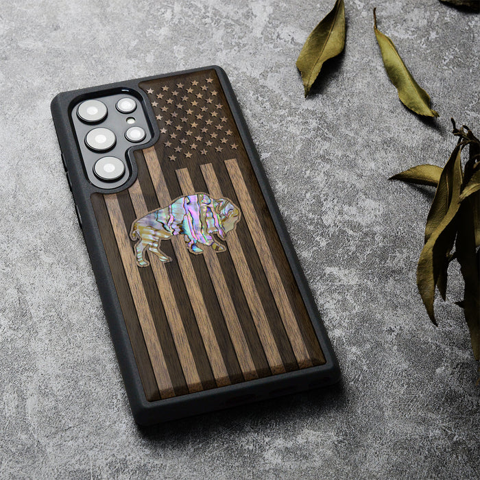 American Flag, Bison, Hand-Inlaid Wood & Mother of Pearl Case - Artisanal Cover for Samsung Galaxy