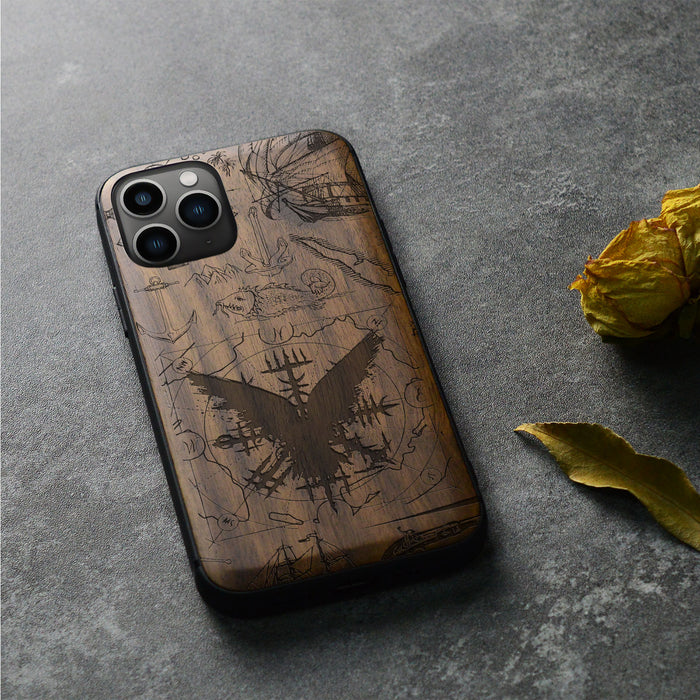 Splash Ink Vegvisir amidst Maritime Relics, Classic Engraved Wood & TPU Case - Artisanal Cover for Apple iPhone