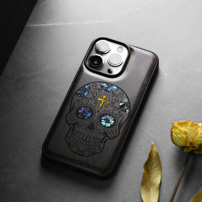 The Dia de los Muertos Sugar Skull, Hand-Inlaid Wood & Mother of Pearl Case - Artisanal Cover for Apple iPhone