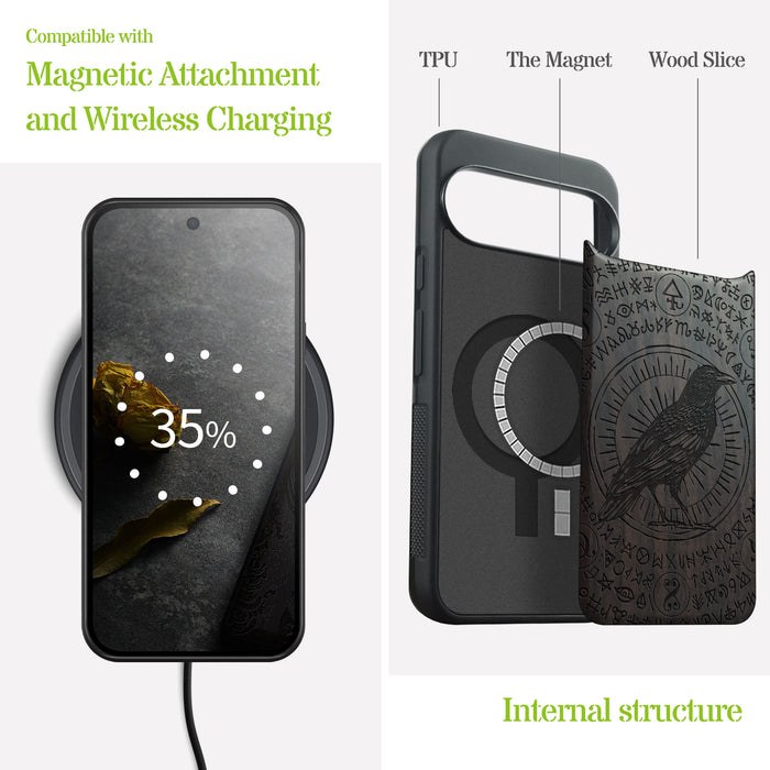 The Haloed Crow, Classic Engraved Wood & TPU Case - Artisanal Cover for Google Pixel