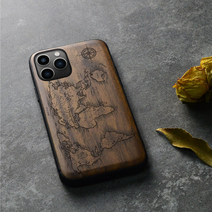 Abstract Expressionist World Map Linework, Classic Engraved Wood & TPU Case - Artisanal Cover for Apple iPhone