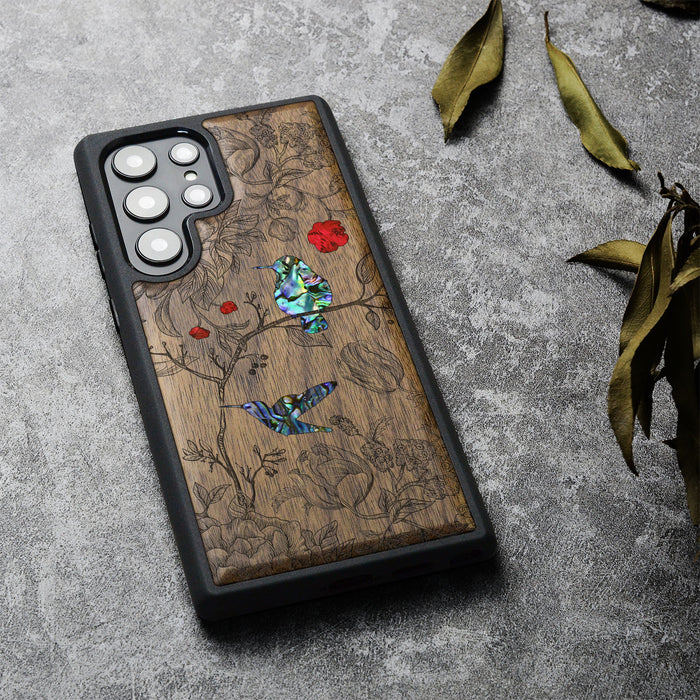 A Dance of Flora and Avian, Hand-Inlaid Wood & Mother of Pearl Case - Artisanal Cover for Samsung Galaxy