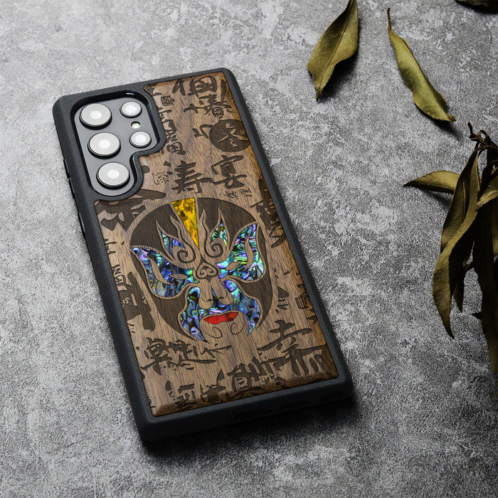 The Chinese Opera Mask, Hand-Inlaid Wood & Mother of Pearl Case - Artisanal Cover for Samsung Galaxy