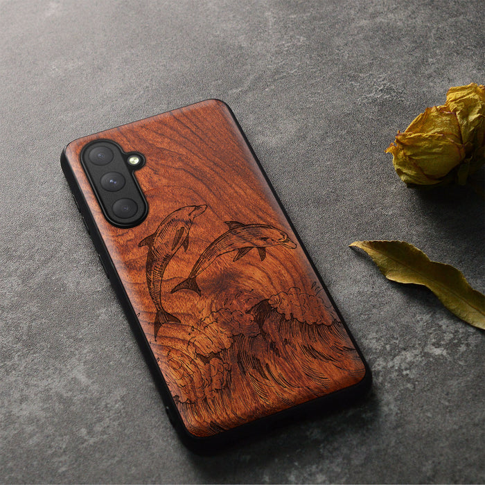 Dual Dolphins in the Waves, Classic Engraved Wood & TPU Case - Artisanal Cover for Samsung Galaxy