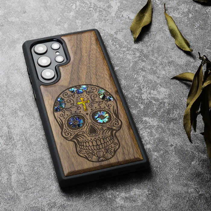 The Dia de los Muertos Sugar Skull, Hand-Inlaid Wood & Mother of Pearl Case - Artisanal Cover for Samsung Galaxy