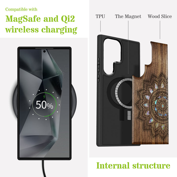 The Half Mandala Lace Art, Hand-Inlaid Wood & Mother of Pearl Case - Artisanal Cover for Samsung Galaxy