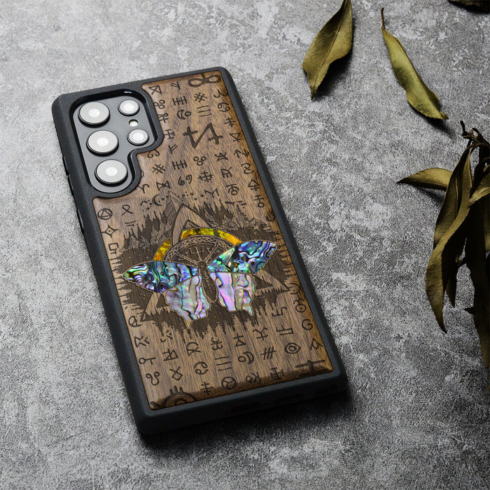 Celtic Butterfly, Hand-Inlaid Wood & Mother of Pearl Case - Artisanal Cover for Samsung Galaxy