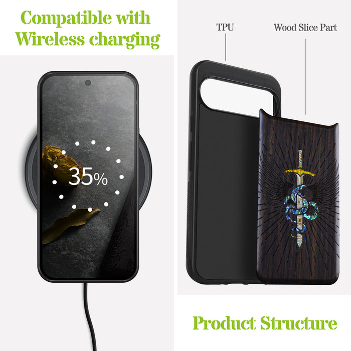 Serpent Winged Sword, Hand-Inlaid Wood & Mother of Pearl Case - Artisanal Cover for Google Pixel