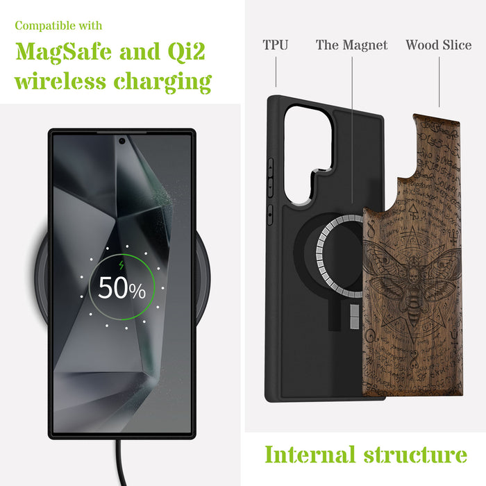 The Death Moth and Octagonal Star, Classic Engraved Wood & TPU Case - Artisanal Cover for Samsung Galaxy