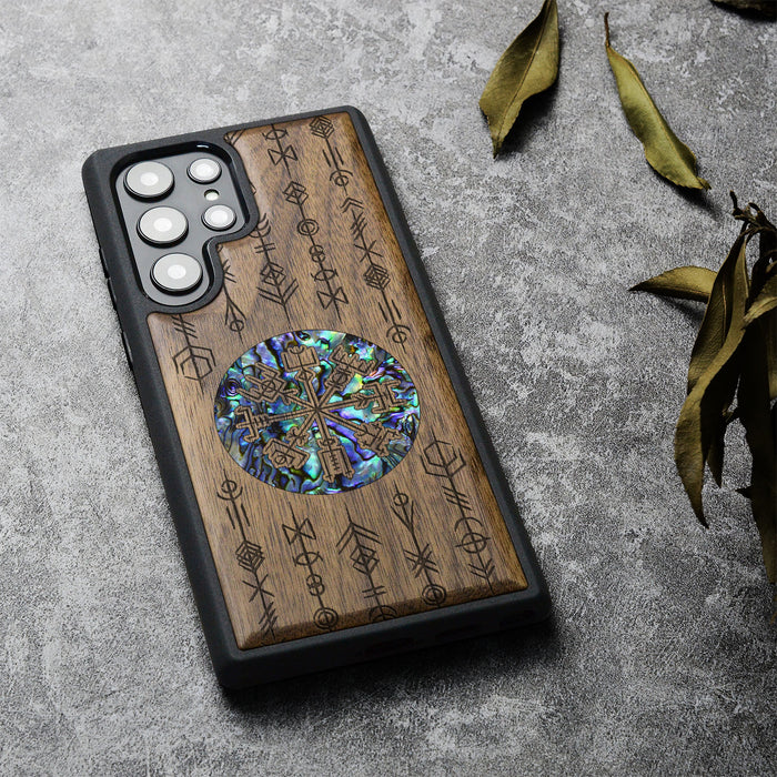 Echoes of Viking Lore, Hand-Inlaid Wood & Mother of Pearl Case - Artisanal Cover for Samsung Galaxy