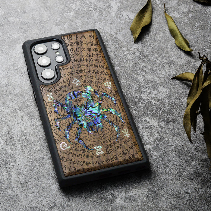 Shadows of the Web, Hand-Inlaid Wood & Mother of Pearl Case - Artisanal Cover for Samsung Galaxy