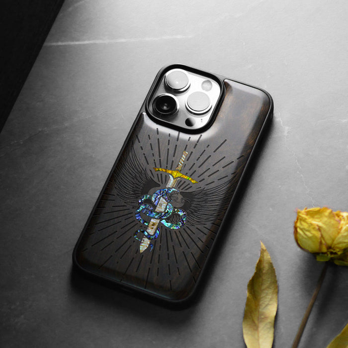 Serpent Winged Sword, Hand-Inlaid Wood & Mother of Pearl Case - Artisanal Cover for Apple iPhone
