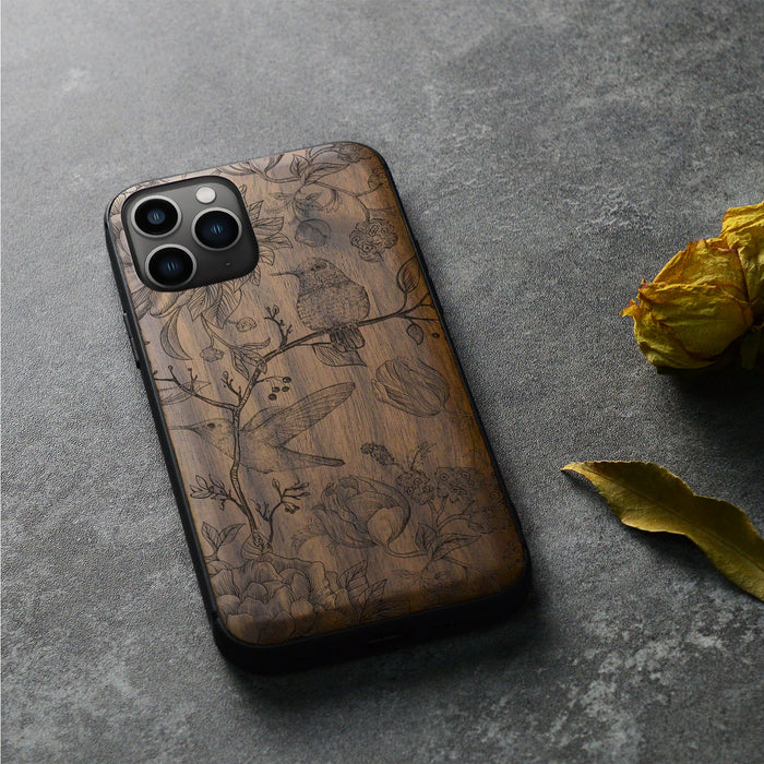 A Dance of Flora and Avian, Classic Engraved Wood & TPU Case - Artisanal Cover for Apple iPhone