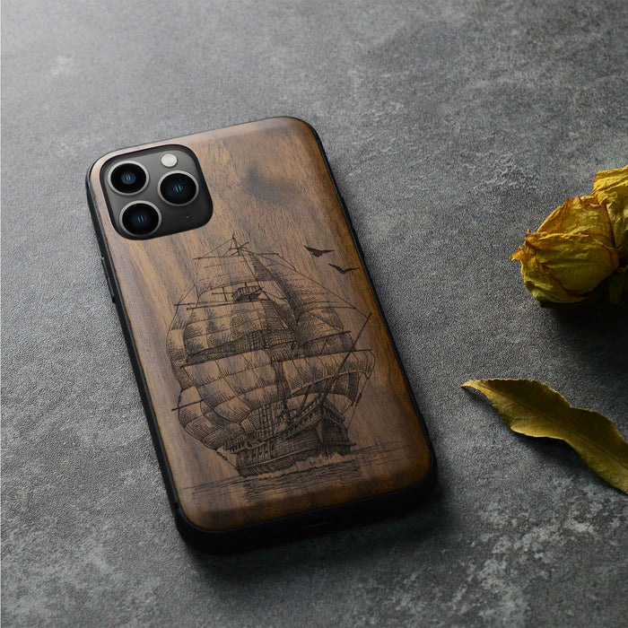 Sailboat on the Sea, Classic Engraved Wood & TPU Case - Artisanal Cover for Apple iPhone