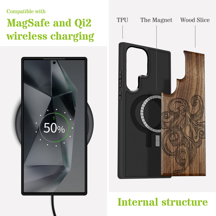 Bodybuilding Octopus Illustration Classic Engraved Wood & TPU Case Samsung Galaxy Artisanal Case View