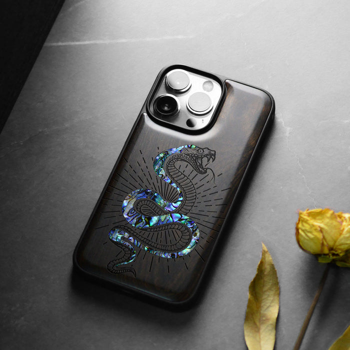 Viper's Coil, Hand-Inlaid Wood & Mother of Pearl Case - Artisanal Cover for Apple iPhone