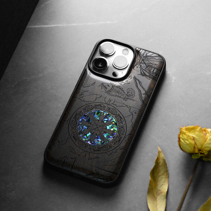 Viking Shield, Hand-Inlaid Wood & Mother of Pearl Case - Artisanal Cover for Apple iPhone