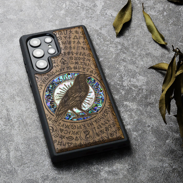 The Haloed Crow, Hand-Inlaid Wood & Mother of Pearl Case - Artisanal Cover for Samsung Galaxy