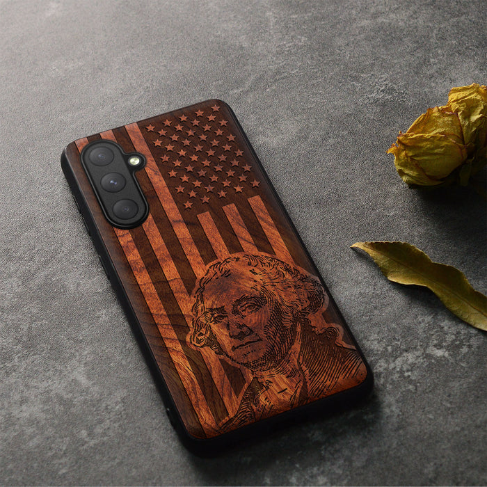 George Washington's Portrait Amidst Stars and Stripes, Classic Engraved Wood & TPU Case - Artisanal Cover for Samsung Galaxy