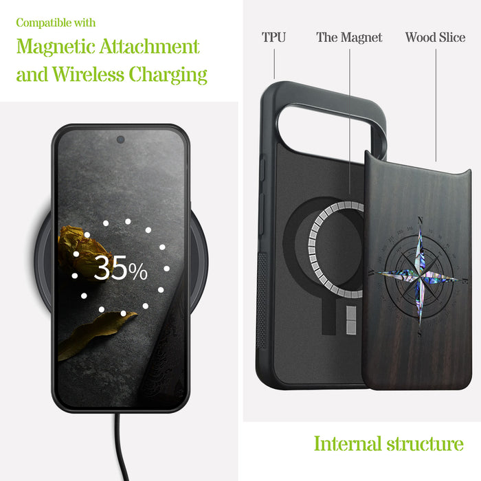 The Detailed Compass Rose, Hand-Inlaid Wood & Mother of Pearl Case - Artisanal Cover for Google Pixel