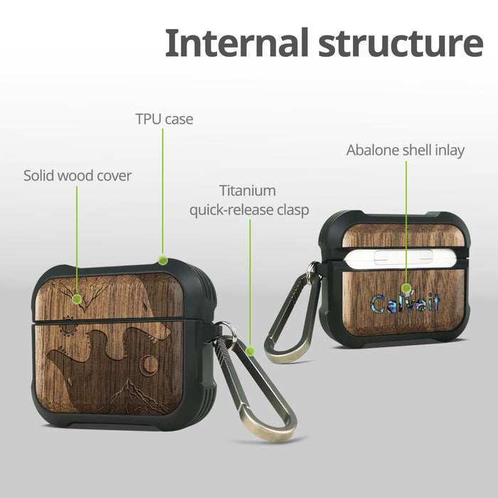 Yin-Yang Wolf - Wood Artisan Engraved & Shell Hand-Inlaid Cover - Artisanal Case for Apple AirPods (Titanium Quick Released Clasp)