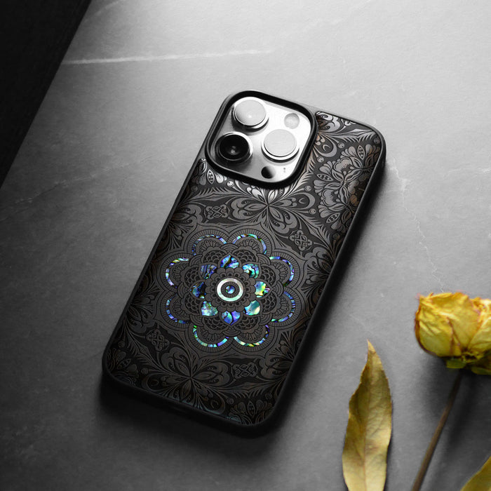 Ethereal Bloom Mandala, Hand-Inlaid Wood & Mother of Pearl Case - Artisanal Cover for Apple iPhone