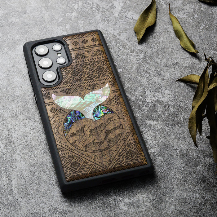 The Whale's Song Amidst Aztec Waves, Hand-Inlaid Wood & Mother of Pearl Case - Artisanal Cover for Samsung Galaxy