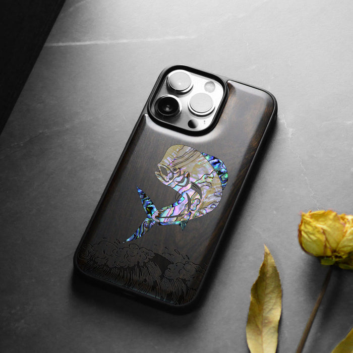 The Majestic Mahi-Mahi, Hand-Inlaid Wood & Mother of Pearl Case - Artisanal Cover for Apple iPhone