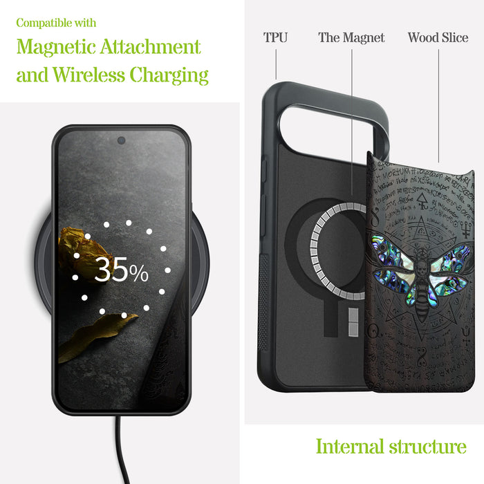 The Death Moth and Octagonal Star Hand-Inlaid Wood & Mother of Pearl Case Google Pixel Artisanal Case View