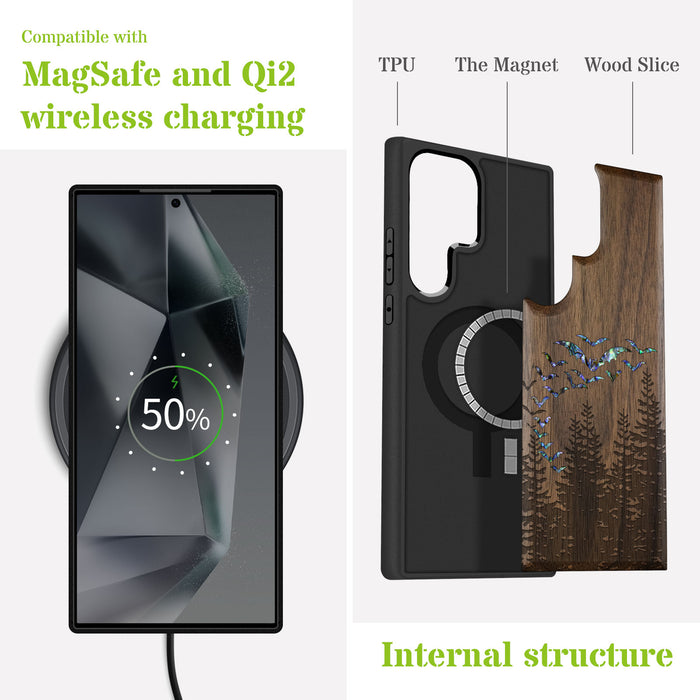 Bats Over the Forest, Hand-Inlaid Wood & Mother of Pearl Case - Artisanal Cover for Samsung Galaxy