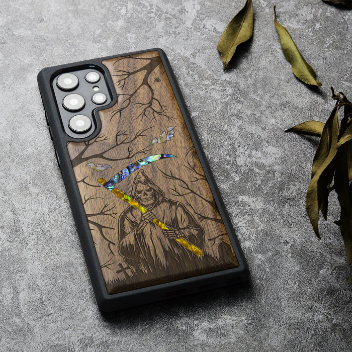 Grim Reaper, Hand-Inlaid Wood & Mother of Pearl Case - Artisanal Cover for Samsung Galaxy