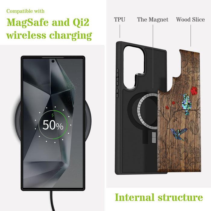 Floral Harmony in Flight , Hand-Inlaid Wood & Mother of Pearl Case - Artisanal Cover for Samsung Galaxy