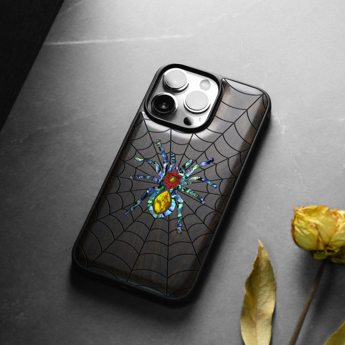 Spider Web, Hand-Inlaid Wood & Mother of Pearl Case - Artisanal Cover for Apple iPhone