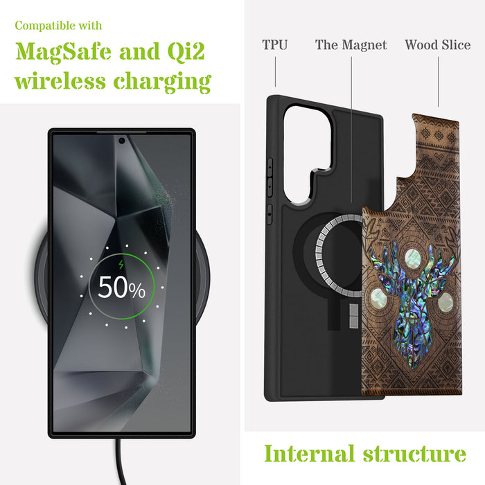 Ancient Geometry Stag, Hand-Inlaid Wood & Mother of Pearl Case - Artisanal Cover for Samsung Galaxy
