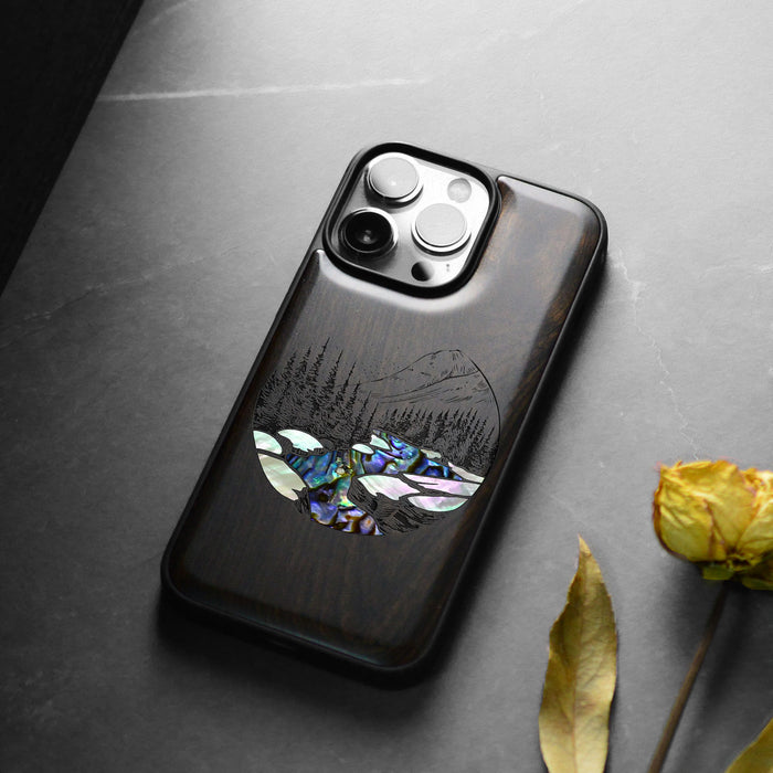 The Lake and Mountain Landscape, Hand-Inlaid Wood & Mother of Pearl Case - Artisanal Cover for Apple iPhone