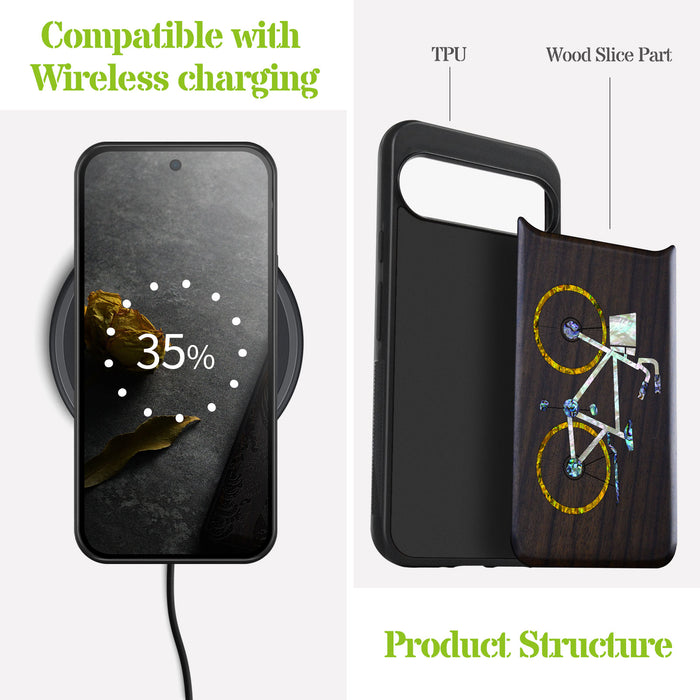 Classic Bicycle Silhouette, Hand-Inlaid Wood & Mother of Pearl Case - Artisanal Cover for Google Pixel