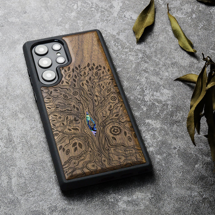 The Line Art Tree of Life, Hand-Inlaid Wood & Mother of Pearl Case - Artisanal Cover for Samsung Galaxy