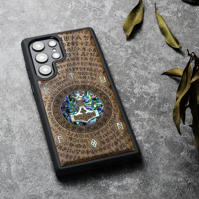 Mjölnir and the Runes, Hand-Inlaid Wood & Mother of Pearl Case - Artisanal Cover for Samsung Galaxy