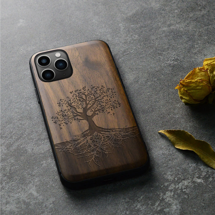 The Yin Yang Tree, Classic Engraved Wood & TPU Case - Artisanal Cover for Apple iPhone