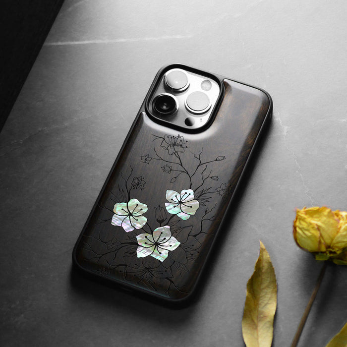 Whispering Sakura Blooms, Hand-Inlaid Wood & Mother of Pearl Case - Artisanal Cover for Apple iPhone