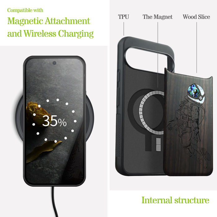 The Floating Astronaut, Hand-Inlaid Wood & Mother of Pearl Case - Artisanal Cover for Google Pixel