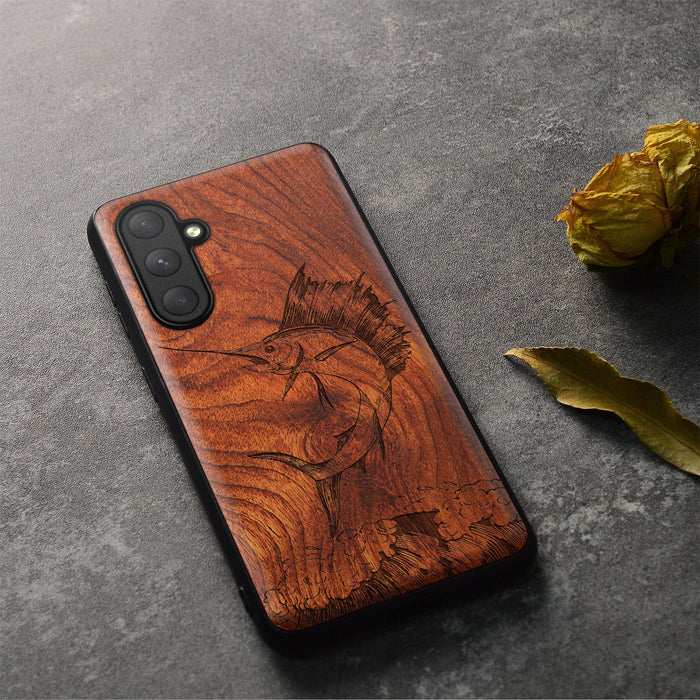 The Soaring Marlin, Classic Engraved Wood & TPU Case - Artisanal Cover for Samsung Galaxy