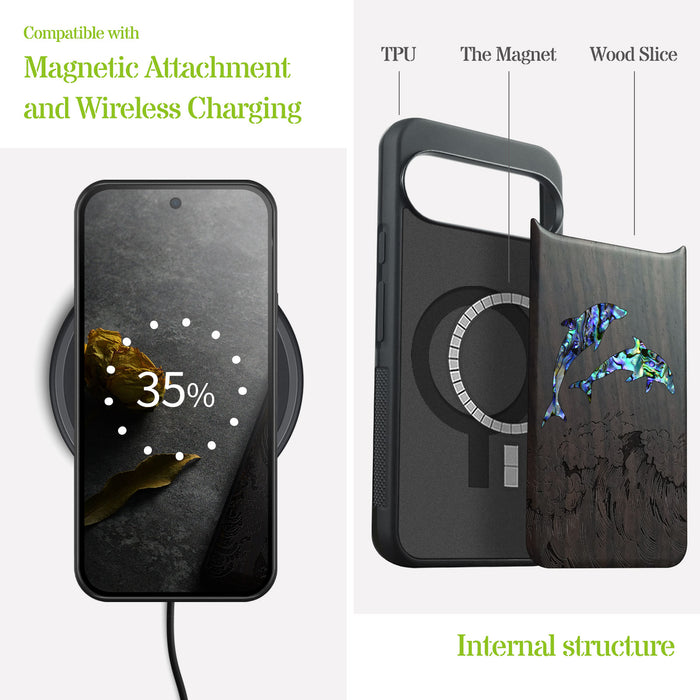 Dual Dolphins in the Waves, Hand-Inlaid Wood & Mother of Pearl Case - Artisanal Cover for Google Pixel