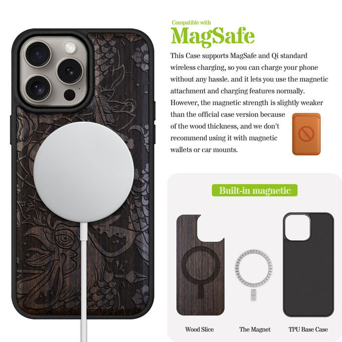 Fierce Mythical Clas, Classic Engraved Wood & TPU Case - Artisanal Cover for Apple iPhone