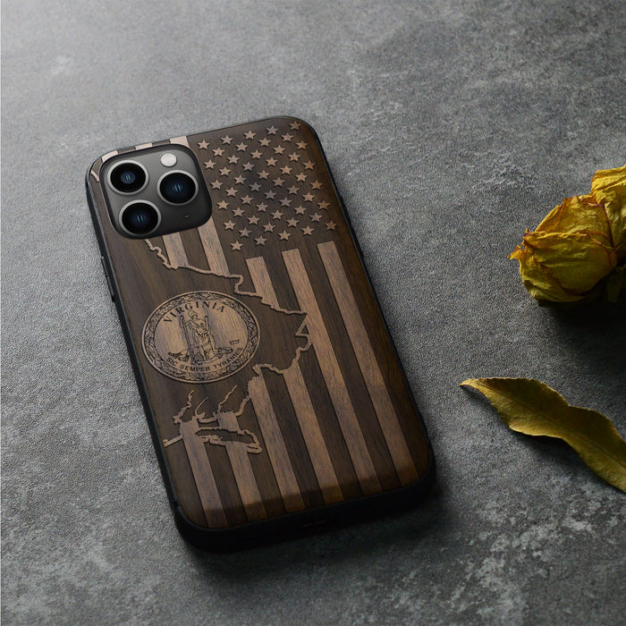 Virginia and Star Flag, Classic Engraved Wood & TPU Case - Artisanal Cover for Apple iPhone