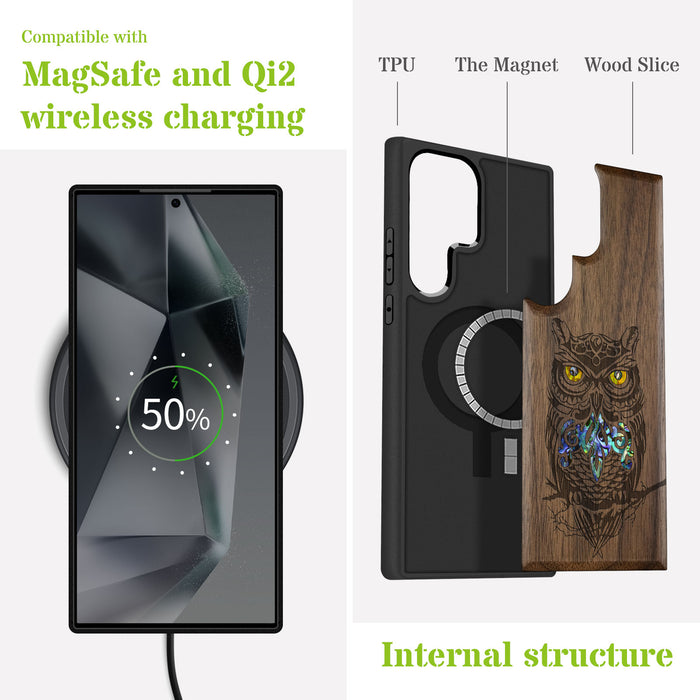 An Owl Perched on a Branch, Hand-Inlaid Wood & Mother of Pearl Case - Artisanal Cover for Samsung Galaxy