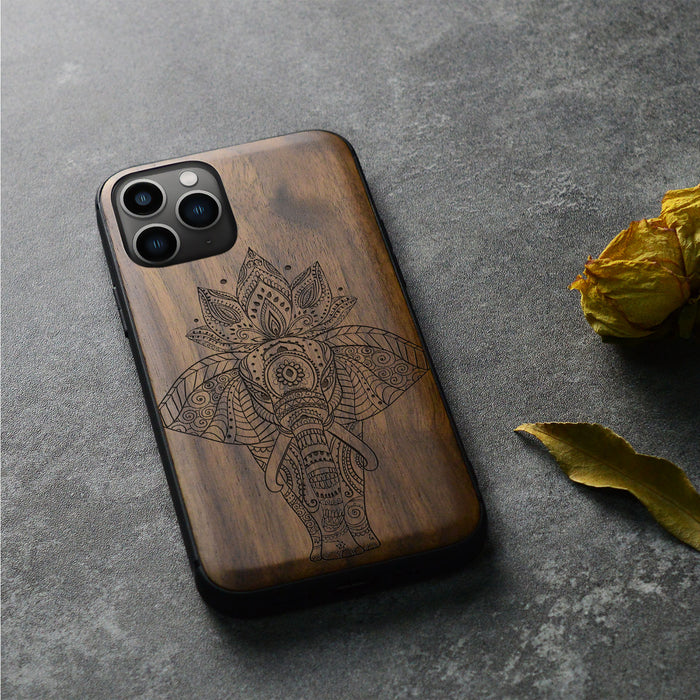 African Elephant in Linework Art, Classic Engraved Wood & TPU Case - Artisanal Cover for Apple iPhone