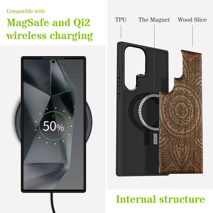Floral Mandala, Classic Engraved Wood & TPU Case - Artisanal Cover for Samsung Galaxy